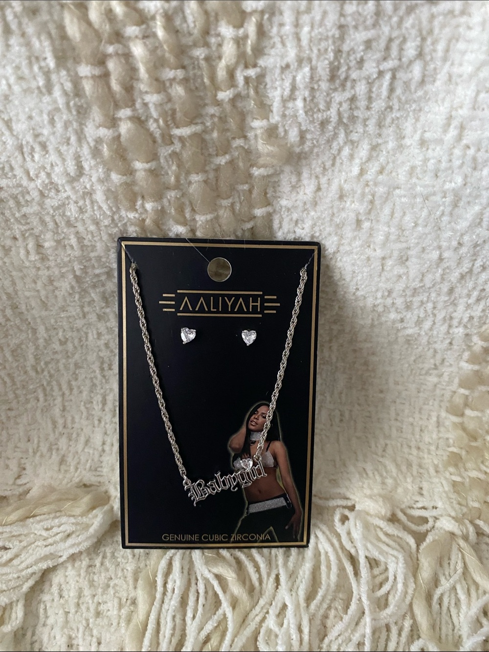Aaliyah Jewelry Set Silver Tone Babygirl' Necklace & CZ Stud EarringsY2K